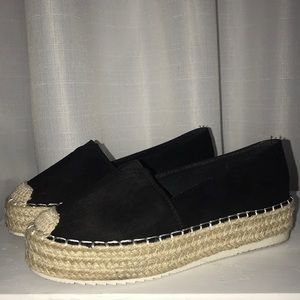 Black and Tan espadrille platform slip ons